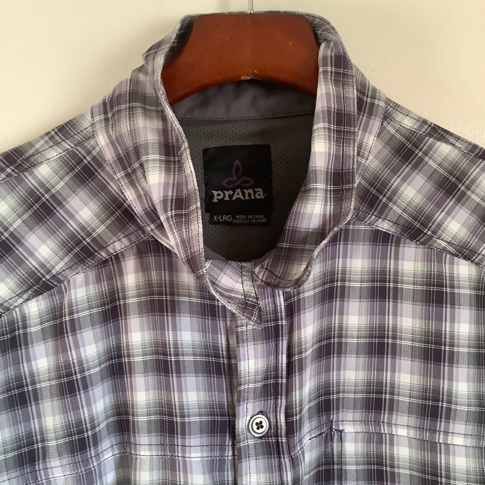 Prana Mens XL Plaid Button Down Shirt Purple Grey Long Sleeve Roll Tab Hiking